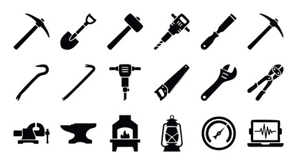Obraz premium A comprehensive collection of essential working tools and equipment including pickaxe, shovel, hammer, saw, wrench, vise, anvil, forge, and gauge, ideal for industrial, construction, and