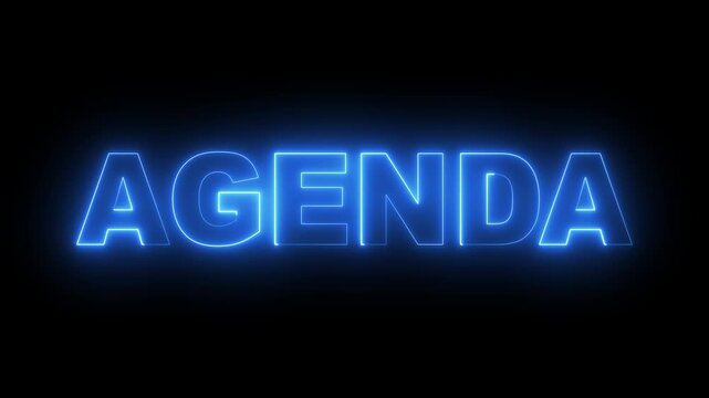 glowing neon agenda text animation on black background. neon agenda sign. Agenda text represents planning, organization, modern style and professional visual clarity today. 4k motion video.