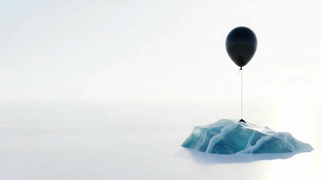 Black balloon floats on a lonely ice floe in a vast white expanse.