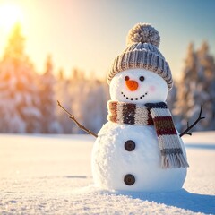 Fototapeta premium Snowman in sunlight with hat and scarf festive winter holiday scene