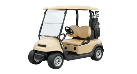 Beige Golf Cart with Golf Bag and Clubs