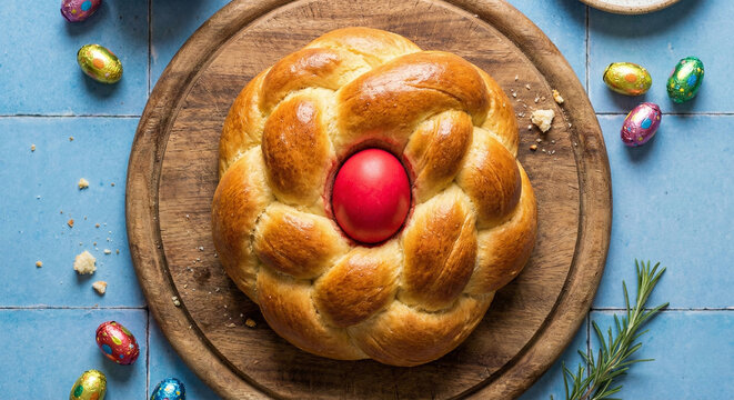 Top view of traditional braided easter bread with red egg and chocolate treats, holiday bakery or family feast