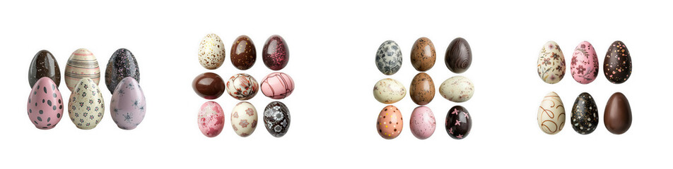Assortment of decorative chocolate Easter eggs with intricate patterns and colors isolated on transparent background