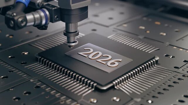 Precision laser etching machine inscribes '2026' onto a microchip, symbolizing future technology and advanced manufacturing processes.