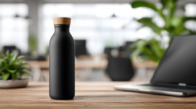 Matte black insulated bottle with bamboo lid on a wooden desk near a laptop and plants