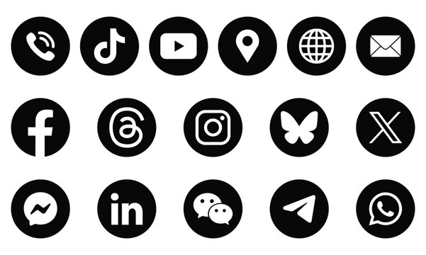 Social media icons button. social network logos, WeChat, WhatsApp, messenger, telegram, linkedin, threads, x, youtube, TikTok, bluesky, Facebook, instagram logo icon button. Contact us icon set. eps