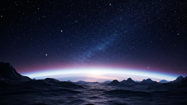 A breathtaking view from a desolate planet, with a starry cosmos glowing above a mountain silhouette. This inspiring scene is ideal for science themes