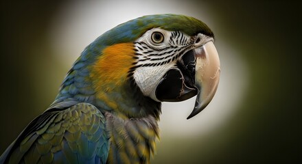 Fototapeta premium A vibrant parrot with colorful feathers and a distinctive beak is captured in a close-up portrait.