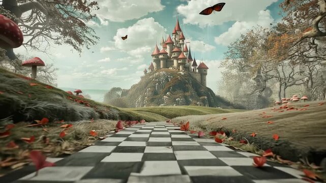 Fairytale castle on a hill with a checkerboard path and giant mushrooms. 4k video