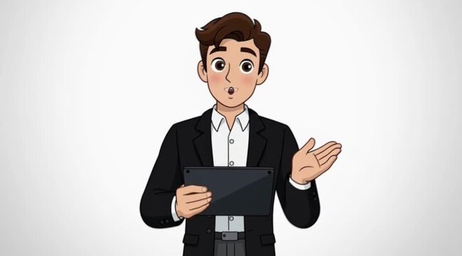 A detailed cartoon style animated video featuring a young caucasian businessman with fair skin expressive brown eyes and neatly styled brown hair he wears a black blazer white collared shirt and tailo