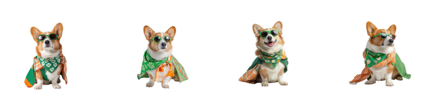 Cute Corgi dog wearing green bandana, orange cape, and sunglasses for St. Patrick's Day isolated on transparent background