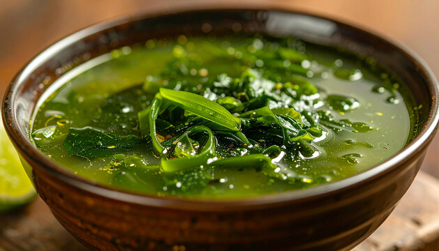 Green seaweed soup in brown rustic bowl, fresh algae textures, lime wedge on side, vegan Asian cuisine