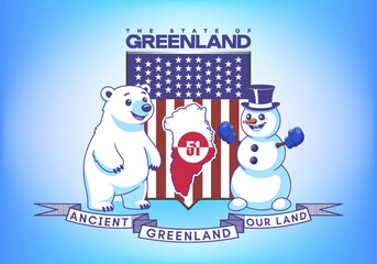 Vector cartoon funny comical fictional coat of arms of state of Greenland. Starry striped shield. Cute cheerful smiling polar bear and snowman. Map northern, flag and ribbon. Ancient our land