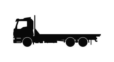 A stark black silhouette of a commercial flatbed truck is presented against a clean white background silhouette