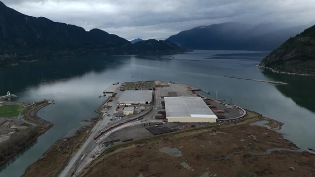 Former Woodfibre Pulp Mill Site - Woodfibre LNG Energy Supplier In Squamish, Canada. Aerial Shot
