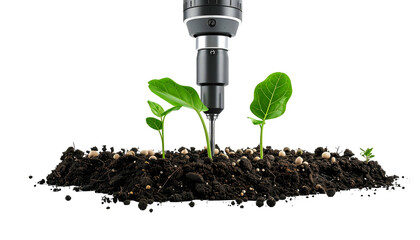 A futuristic drill pierces soil with small plants, concept of technology meeting nature