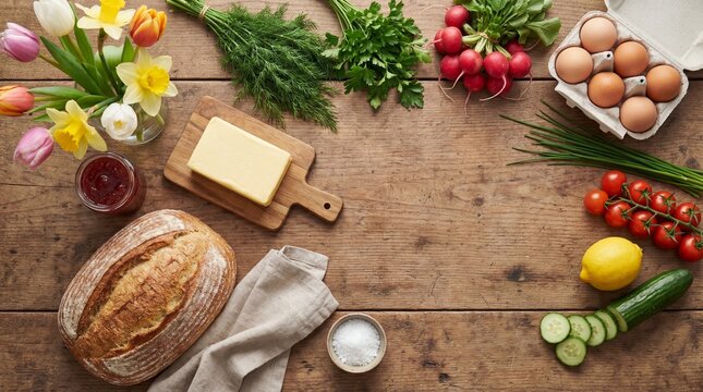 Top View Easter Brunch Ingredients Flat Lay (Unbranded, Minimal)