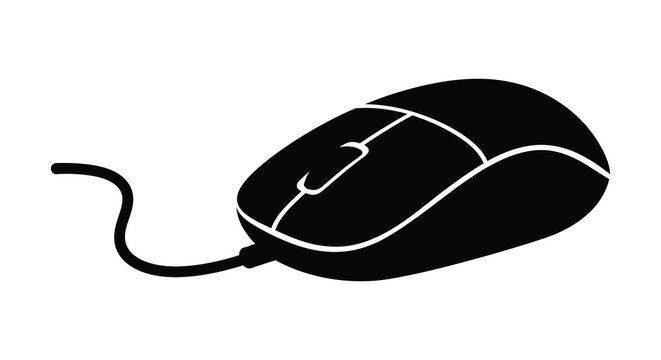 A simple black computer mouse is shown against a white background its form clearly defined as a silhouette
