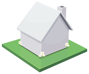 3D isometric house icon representing property investment, residential construction, and the dream of home ownership on a green plot of grass with spring flowers (cut out)