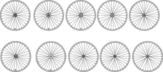 Bicycle wheel line art icons set with detailed spokes, cycling and transportation illustration, minimalist black outline vector design on white background