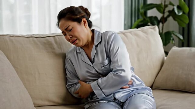 Woman in Pajamas Suffering from Stomach Pain on Sofa