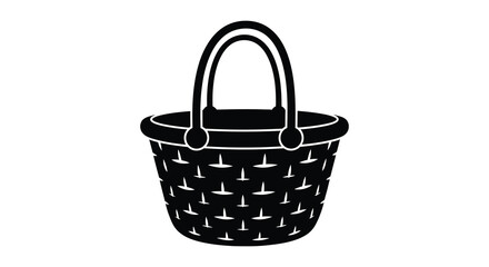 Obraz premium A detailed black and white illustration of a woven picnic basket with a curved handle a striking silhouette
