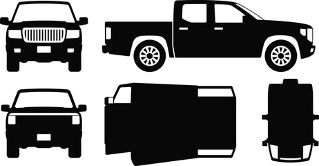 Pickup truck silhouette vector set showing front side rear and top views of modern utility vehicle for transportation illustration design © rakib's world