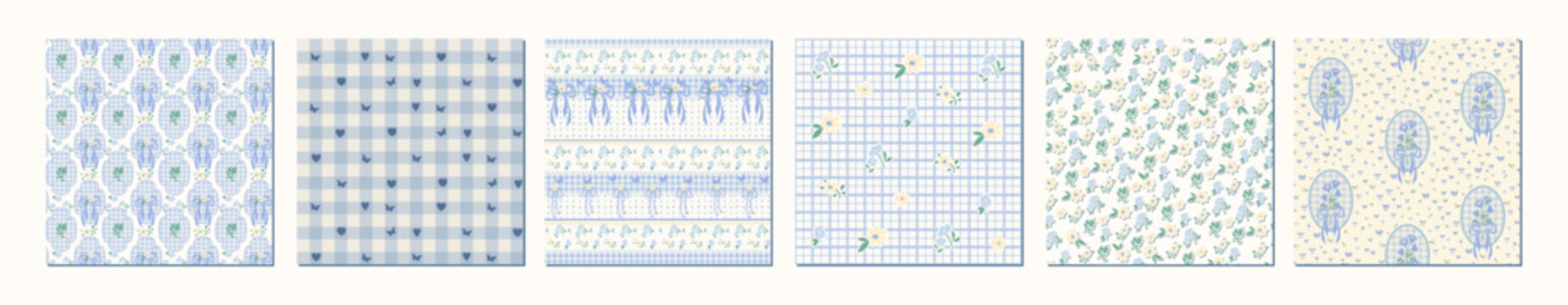 Soft Blue Coquette Seamless Pattern Set with Bows and Flowers. Aesthetic Gingham and Floral Digital Paper Pack in Pastel Blue.