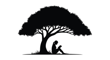 A lone figure reads a book beneath the expansive branches of a tree creating a striking silhouette © Komla02