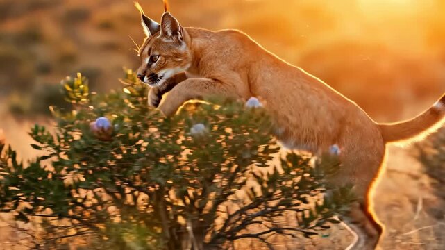 Caracal leaping over a bush in a dry savanna during golden hour with warm sunlight and blurred background