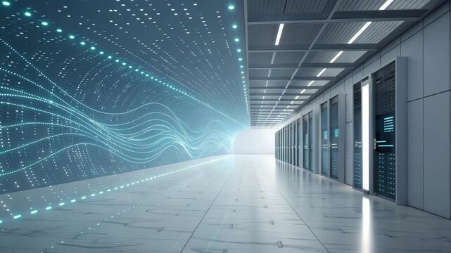 Data Center Server Room with Blue Digital Wave Flowing Through Hallway - Stock Media