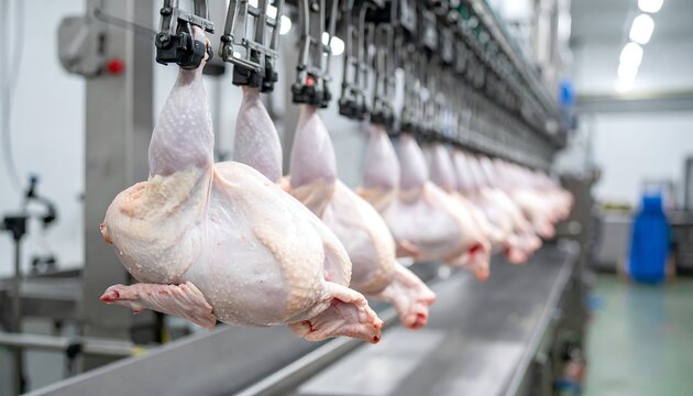 Poultry Processing Line - Fresh Chickens Hanging on a Conveyor Belt in a Modern Facility.