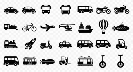 Collection of Diverse Transportation Vehicles and Modes of Travel Icons. © Fikri