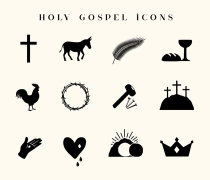 Holy Gospel icon set for Easter Sunday design. Christian Holy Week icons for church web banner or service invitation. Vector illustration