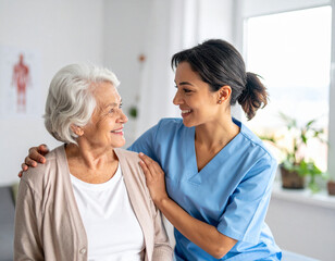 Obraz premium Krankenschwester kümmert sich liebevoll um eine ältere Frau