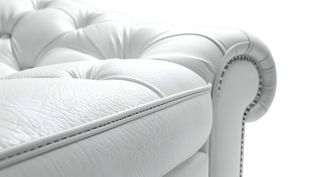 Close-up of a luxurious white leather sofa with detailed tufting and nailhead trim