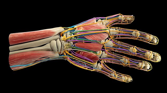 Awesome photo of anatomical human hand model showing muscles, tendons, and nerves on black background.