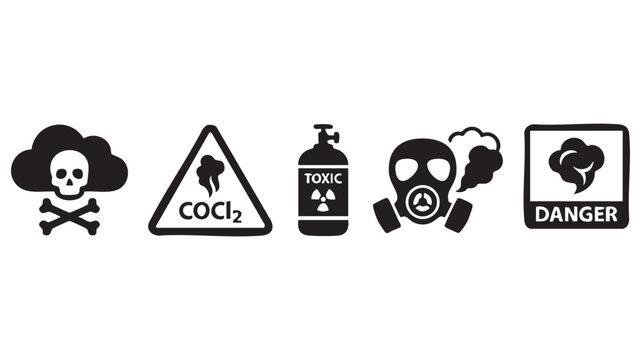 Danger gas, toxic substance and chemical warfare warning signs, skull and crossbones with gas mask