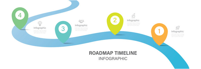 Roadmap timeline infographic template design for business growth and milestones presentation. 4 Steps modern diagram with road journey concept.