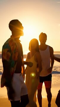 Friends enjoying sunset beach party. They dance, laugh, and celebrate together on sandy shore. Vibrant atmosphere creates unforgettable memories in this vertical experience.