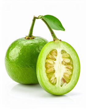 Fresh umbu fruits isolated on white background, whole and halved, juicy pulp, tropical fruit, healthy