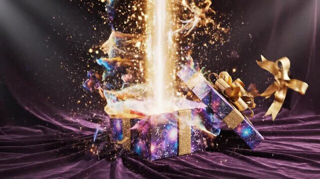 A vibrant purple gift box explodes with gold sparkles and light on a purple fabric surface