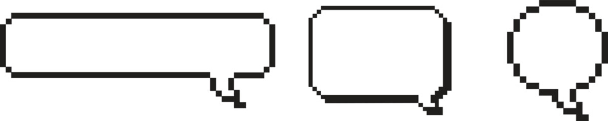 Obraz premium Set of Pixel Art Speech Bubbles and Chat Clouds. Retro 8-Bit Style Comic Dialogue Boxes with Black Outlines for Gaming UI and Social Media Communication