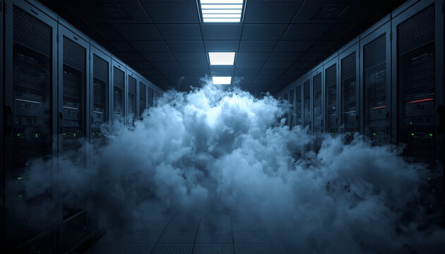 A dark server room with smoke and lights in the background heavily