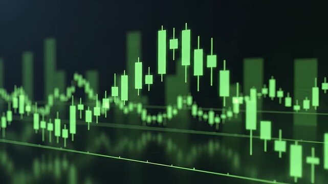 Glowing green financial candlestick chart on a dark background with reflections
