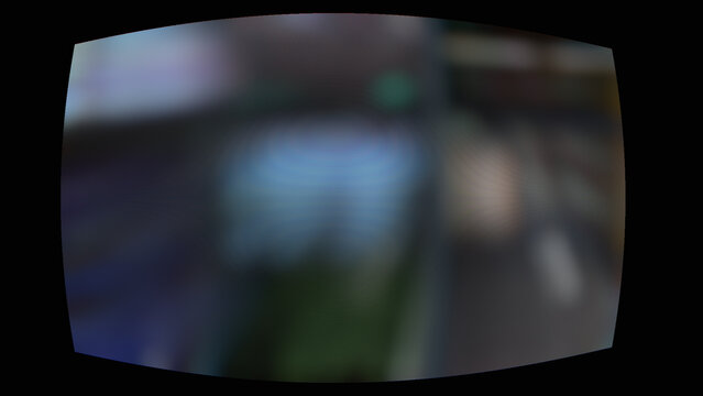 Retro CRT television screen distortion with fish eye lens effect and blurred scanlines on black background for vintage tech aesthetic