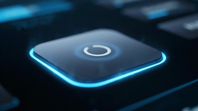 A macro shot of a sleek power button on a dark, modern interface with cool blue lighting. Perfect for themes of technology, innovation, and digital st