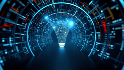 Obraz premium Futuristic tunnel with blue and red lights and digital display elements inside