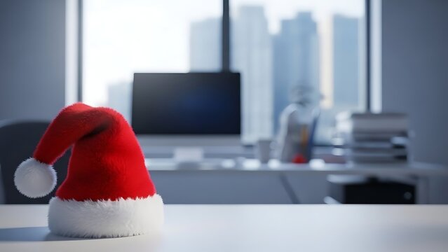 A small santa hat on a desk in a modern office with a city view