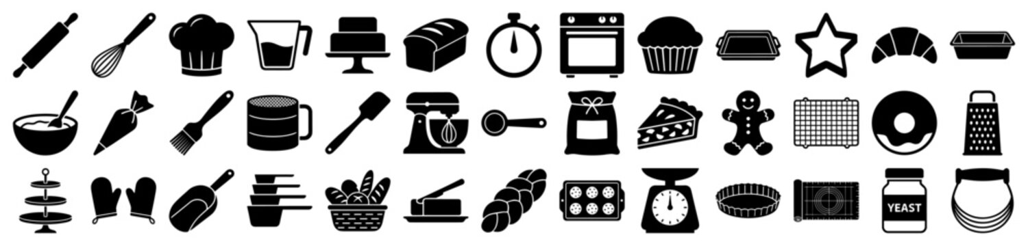 Baking and pastry icons in a minimalist black silhouette style for kitchen and bakery design.